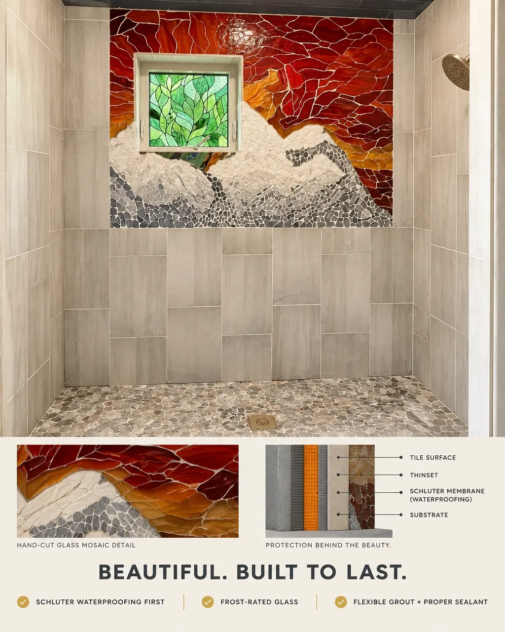 Colorado mountain mosaic shower with a stained-glass window and pebble floor