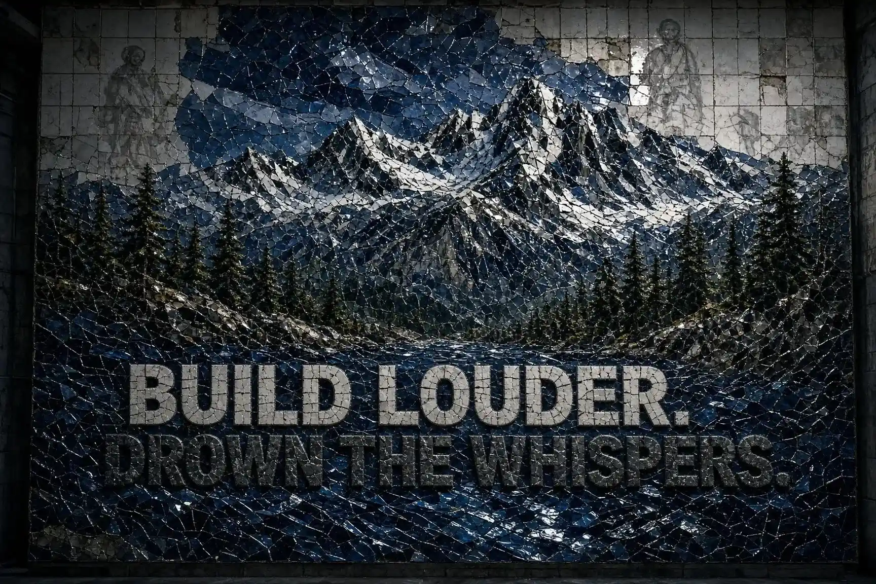 Large-scale mountain wall mural in dark glass mosaic